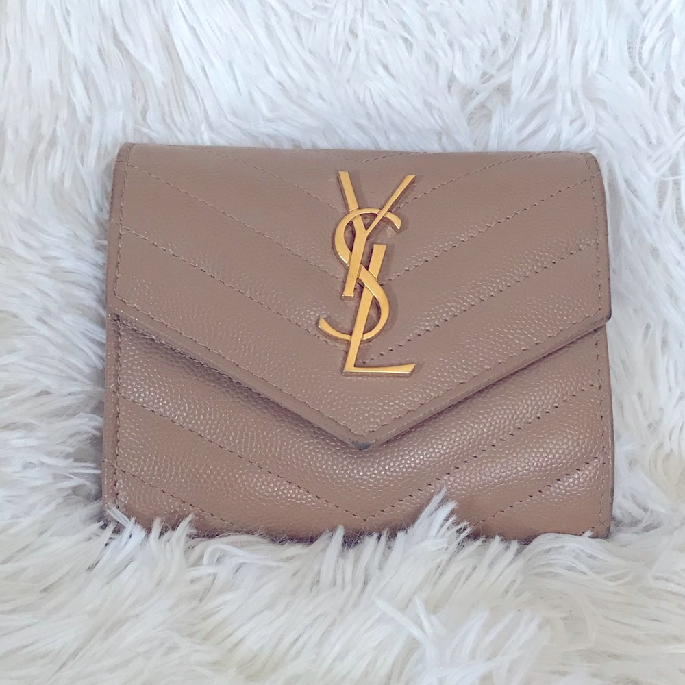 AUTHENTIC SAINT LAURENT COMPACT TRI FOLD WALLET IN GRAIN EMBOSSED LEATHER